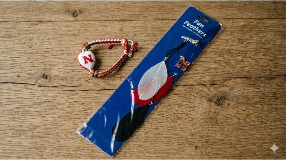 Nebraska Cornhuskers Fan Feathers Hair Clip & Braided Logo Charm Bracelet Set
